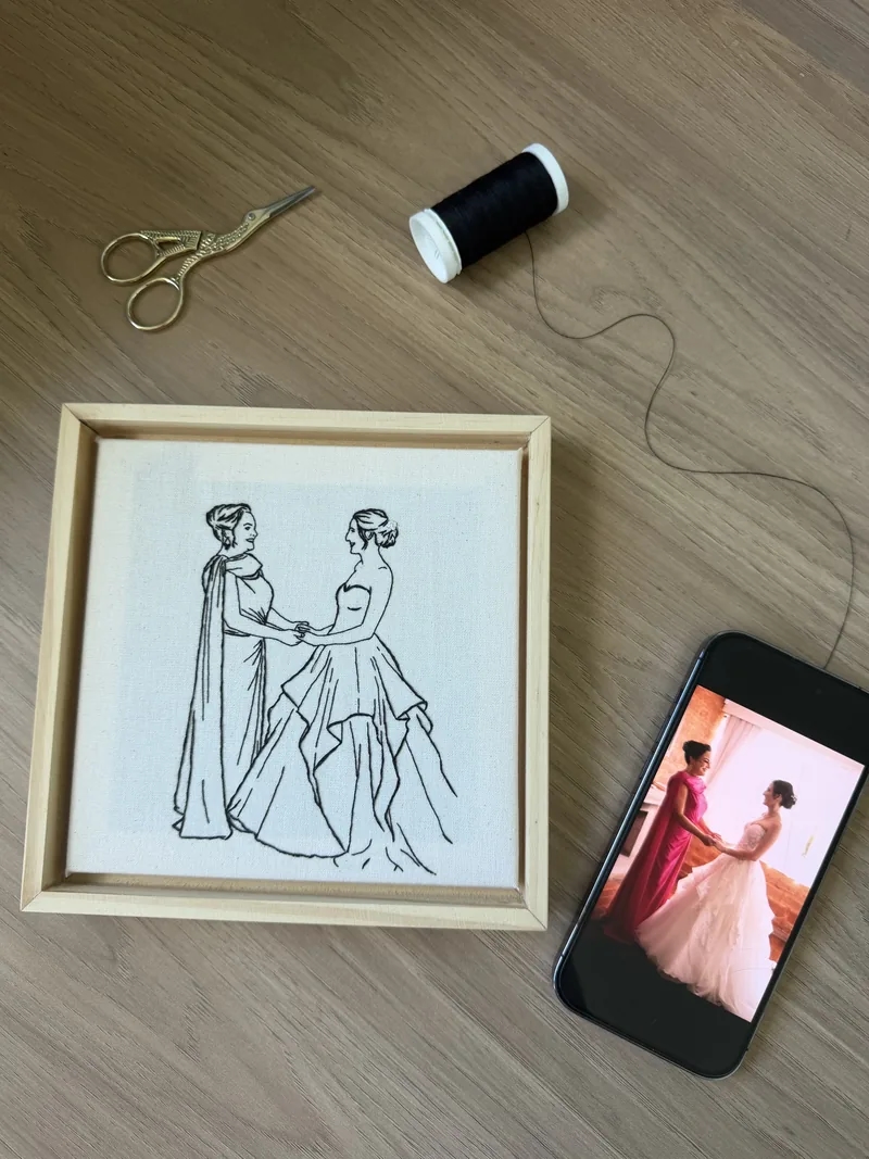 Bordado emoldurado de duas noivas de mãos dadas ao lado do celular com a foto original do casamento